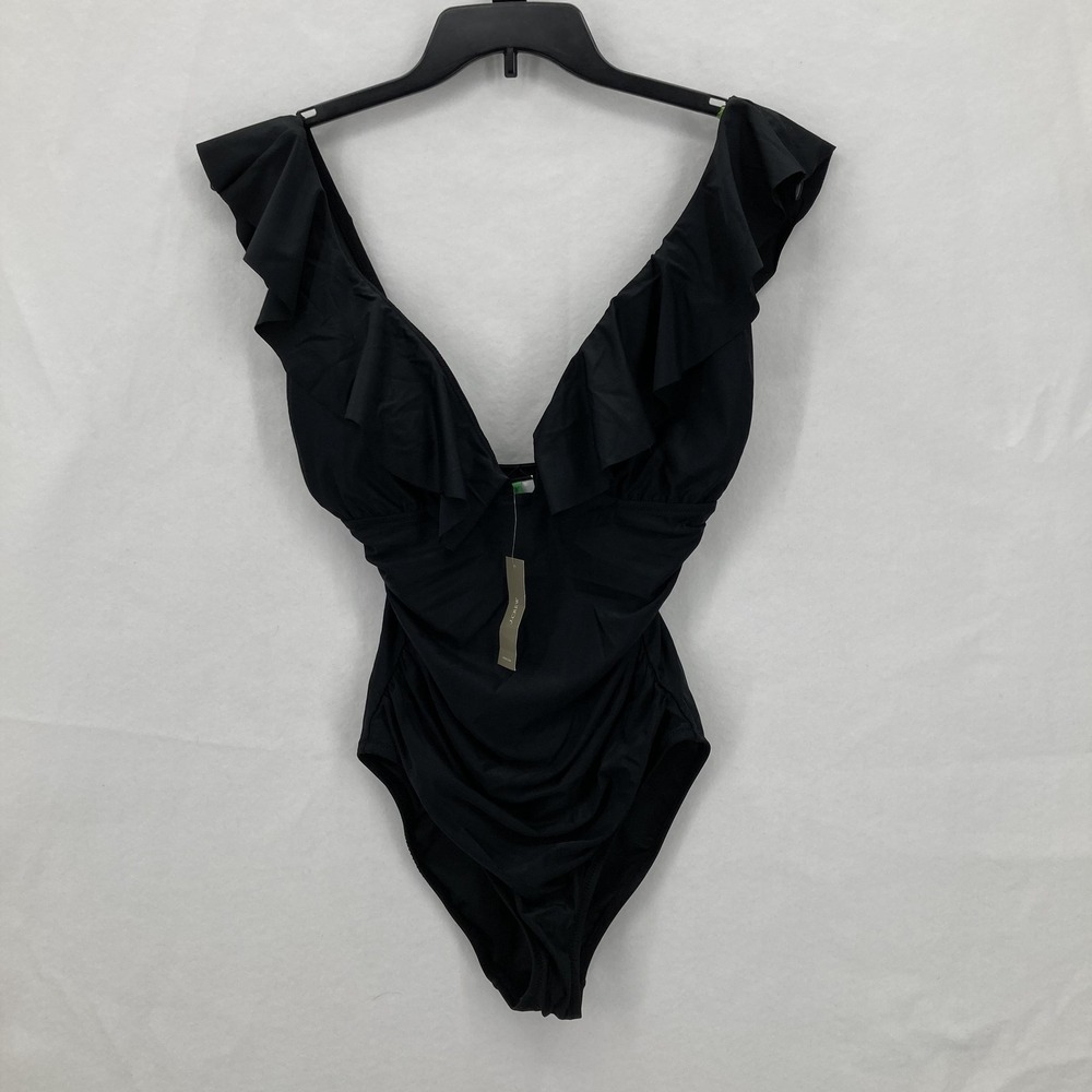 J Crew V-neck Ruched One Piece Swimsuit Womens 10 Black‎ Stretch Preppy Beach
